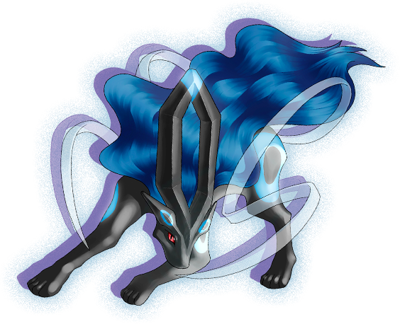 A hybrid Fakémon of shiny Umbreon and Suicune. She has a black body, red eyes, electric blue flowing mane, and glowing blue rings on her head, shoulders, and hindquarters. She is jumping playfully