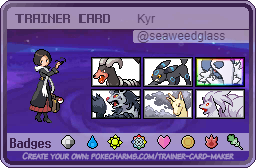 Kyr's Trainer Card. Kyr is pale and has chin-length brown hair. She's wearing a white scarf, black trenchcoat, red skirt, black kitten heels, and a brown briefcase with gold accents. Her team consists of Houndoom, Shiny Umbreon, Mega Absol, Mightyena, Shiny Rapidash, and Shiny Ninetales.